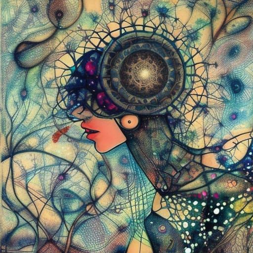 Intricate Textile Art Woman Portrait with Flowers