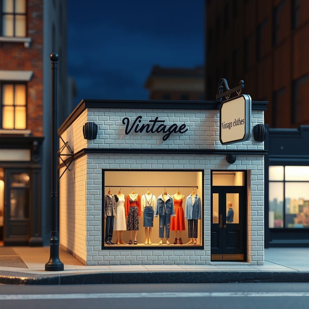 Miniature Nighttime City Thrift Shop Scene