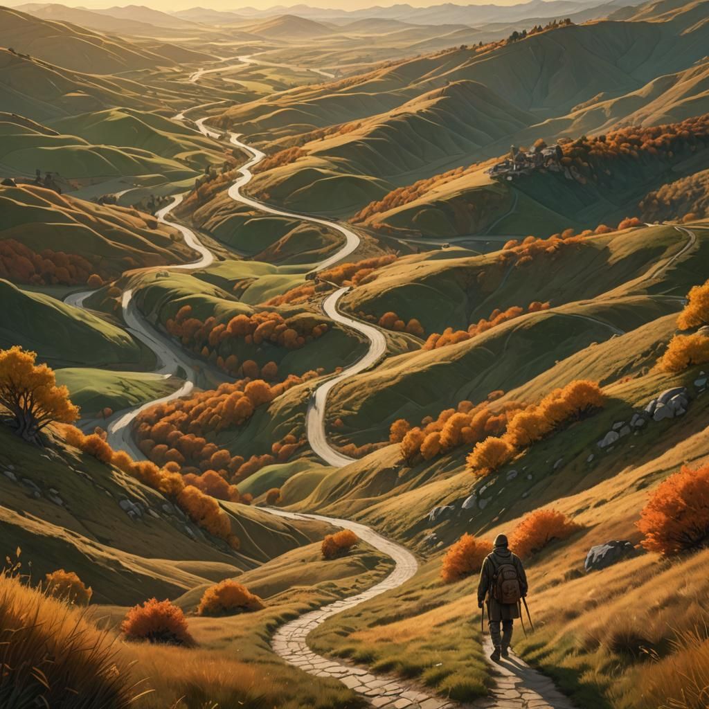 Lone Traveler Amidst Rolling Autumn Hills