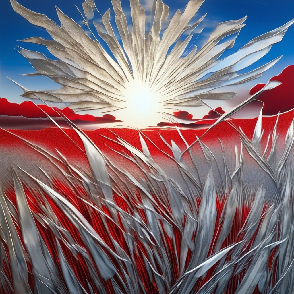 Hyperrealistic Sunrise with Silver Light and Red Grasses