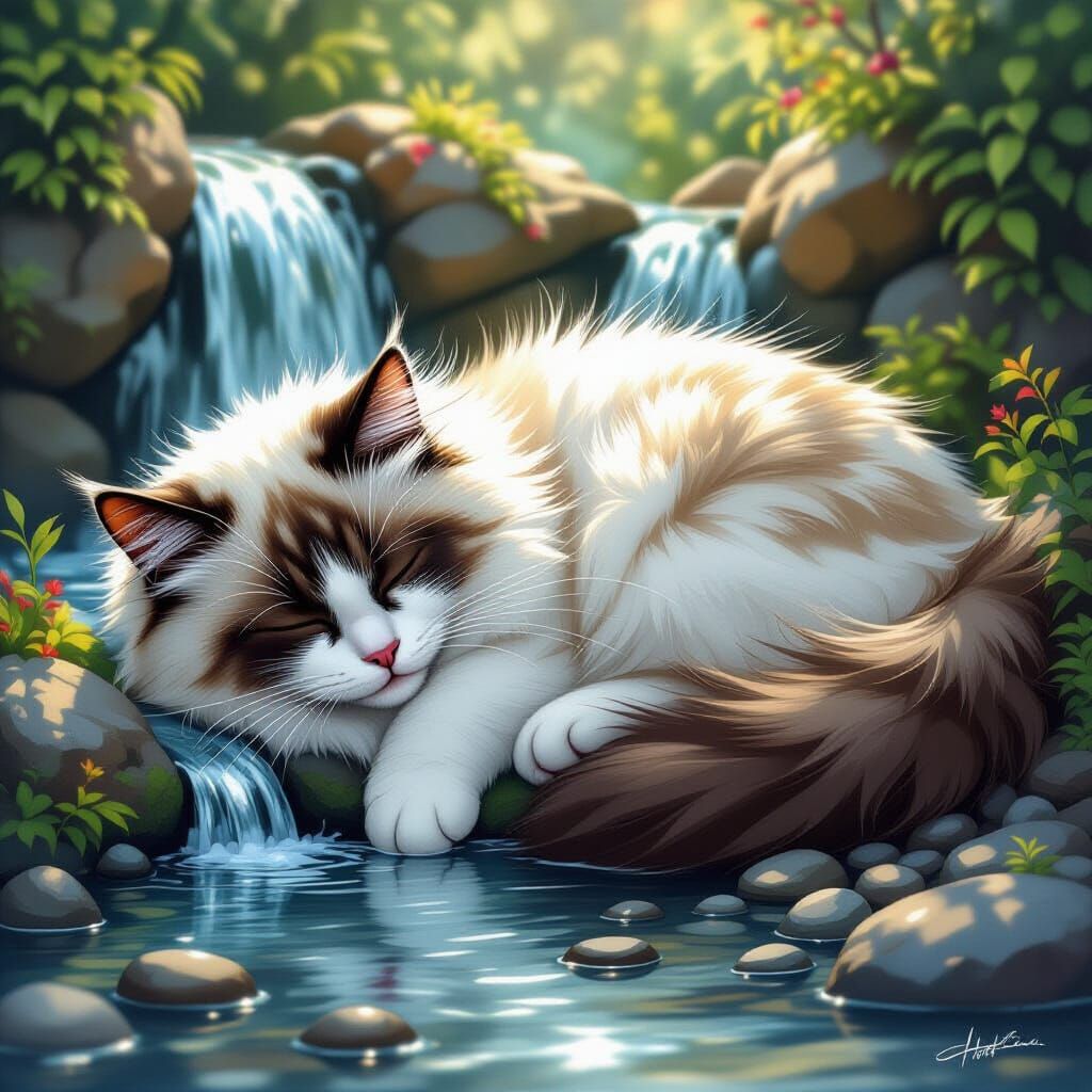 Giant Birman Cat Snoozing by Waterfall