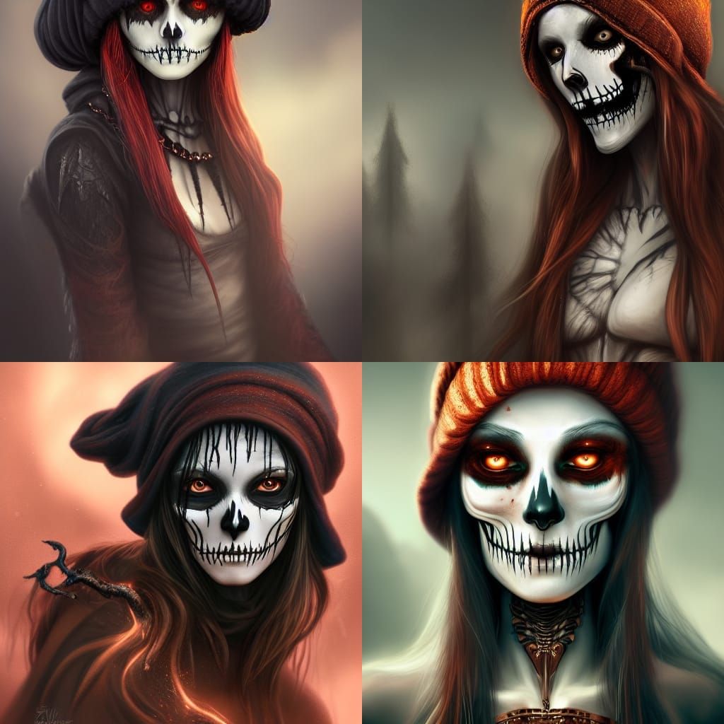 Scary Skeleton Girl with Copper Hair, Fantasy Art