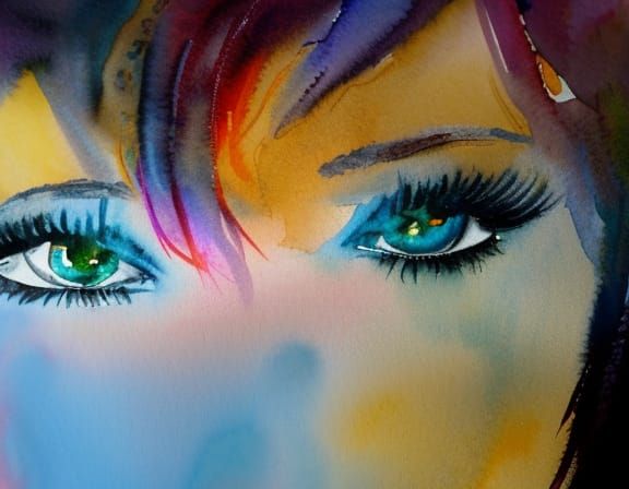 Watercolor Portrait of Astonished Woman with Blue Hair