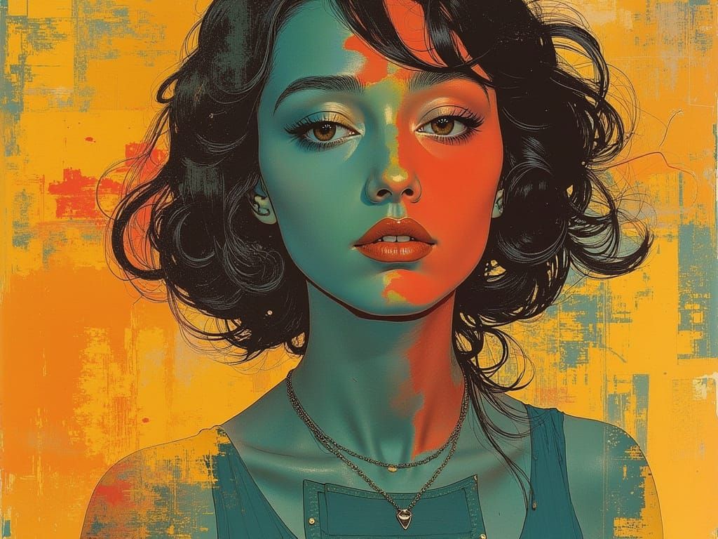 Vibrant Amber and Teal Portrait in Art Nouveau Style