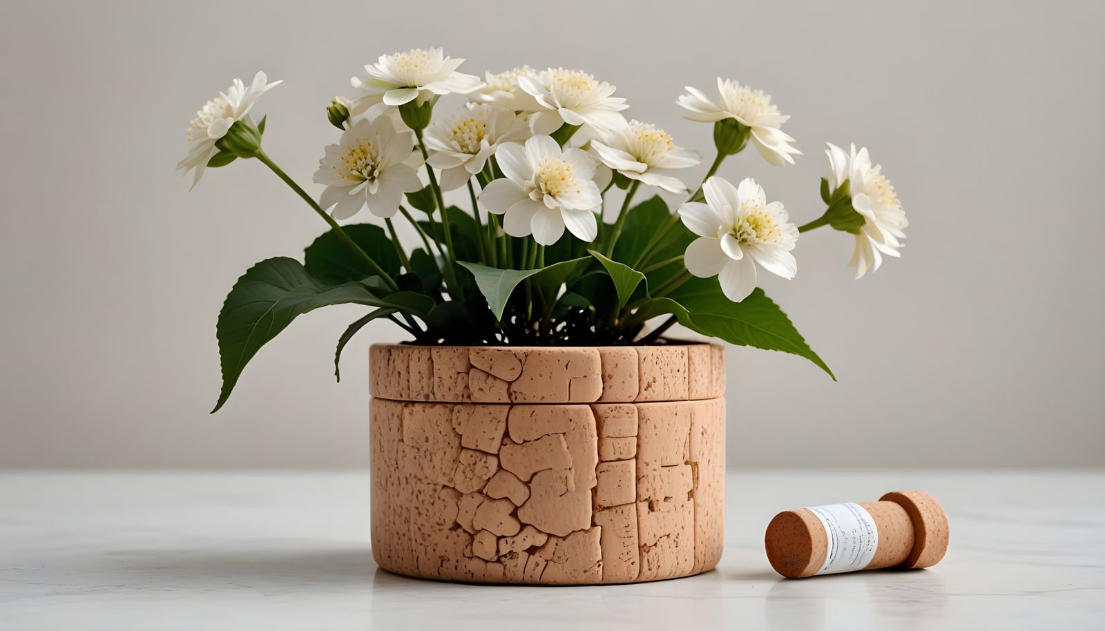 Minimalist Still Life: Cork, Flowers and Coral