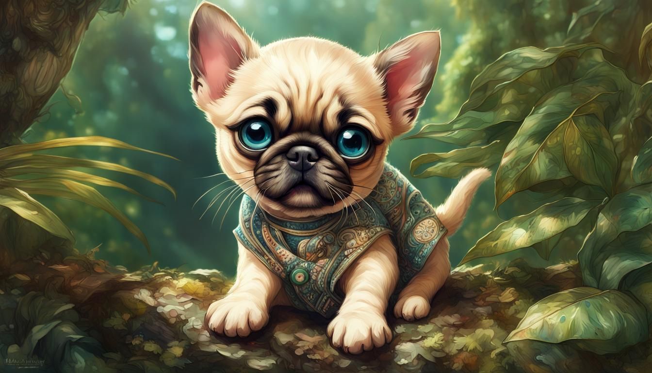 Adorable Kitten and Pug Puppy in Jungle Scene