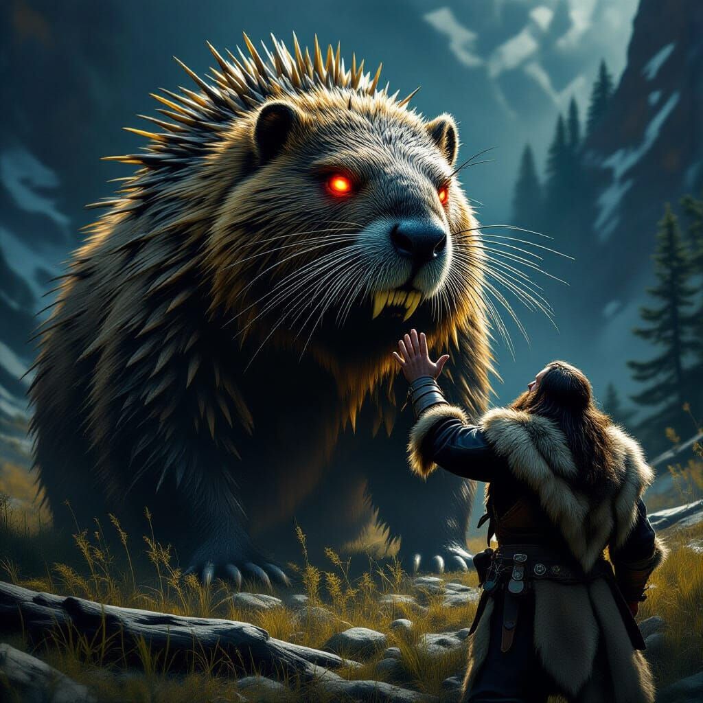 Mountain Man Faces Giant Spiked Beaver in Dramatic Meadow