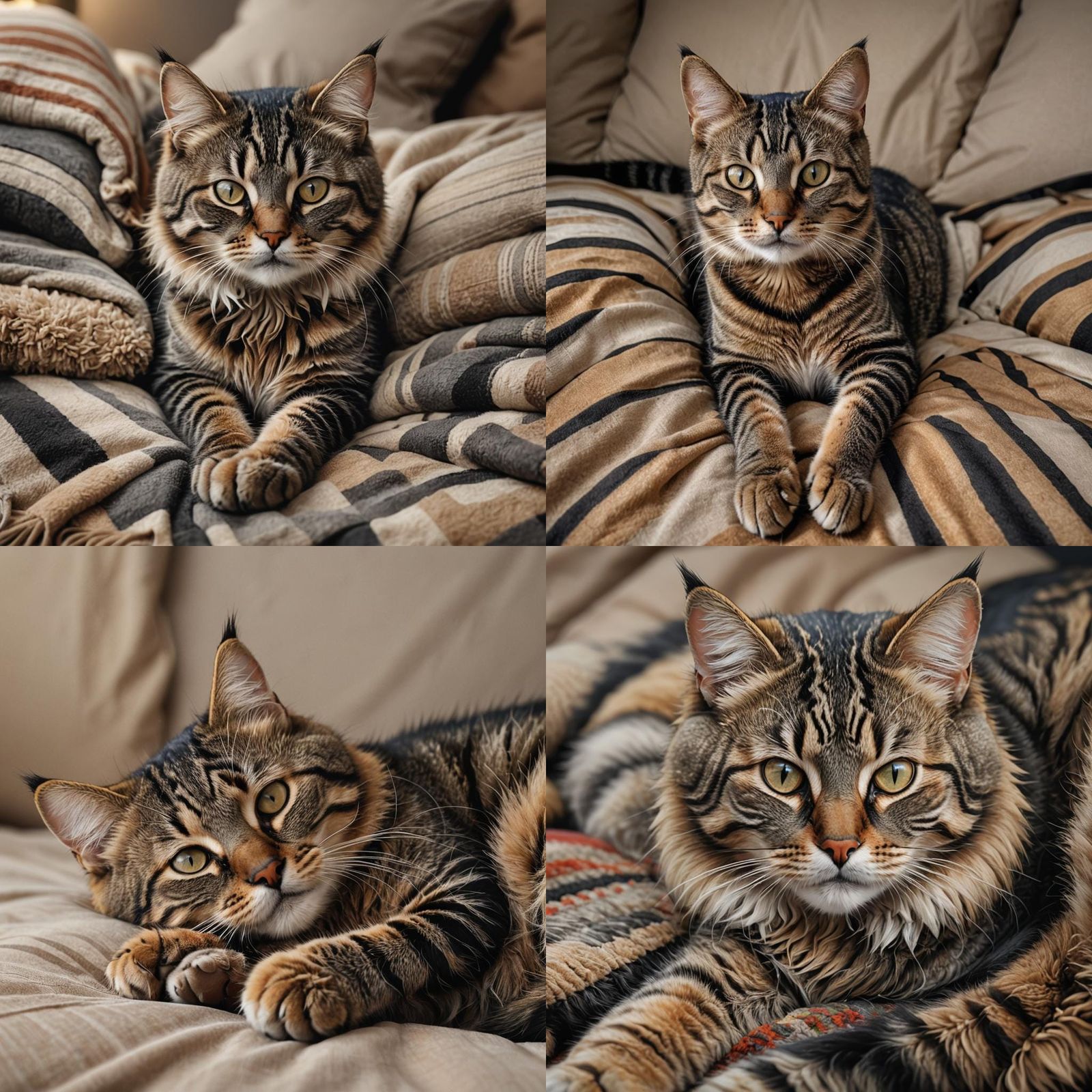 Realistic Striped Tabby Cat Lounging on Bed