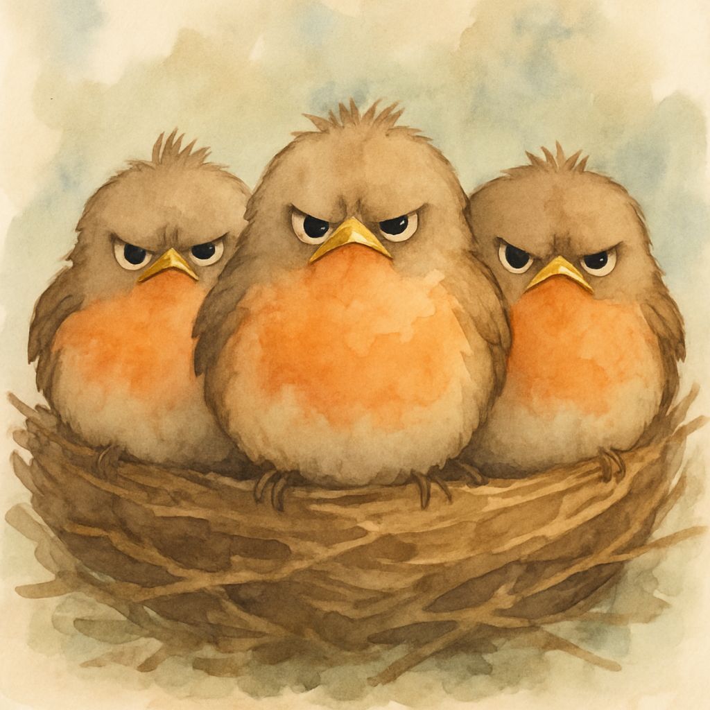 Whimsical Watercolour of Grumpy Robin Chicks