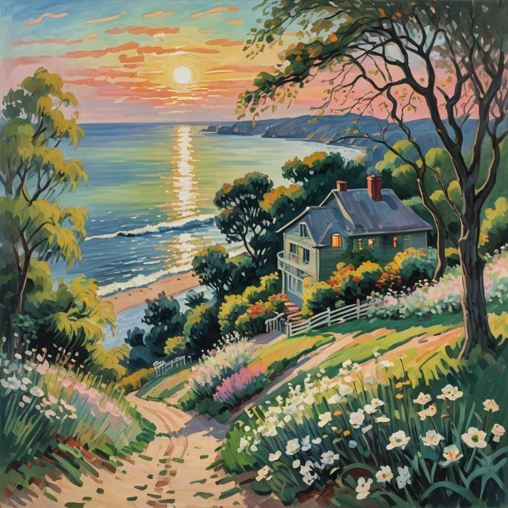 Impressionist Sunset Beach Cottage Landscape