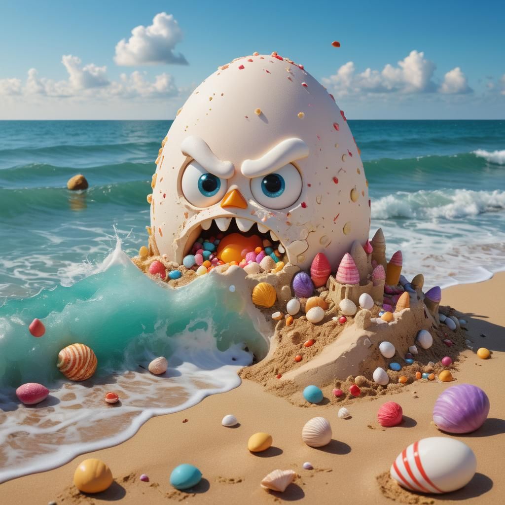 Angry Egg Sandcastle Destruction, 3D Digital Art