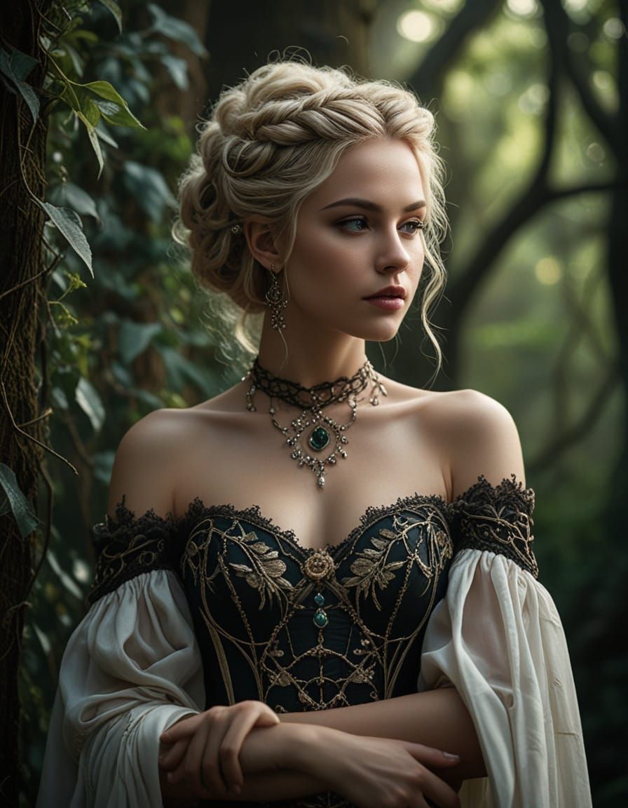 Regal Woman in Enchanted Forest Dusk Portrait