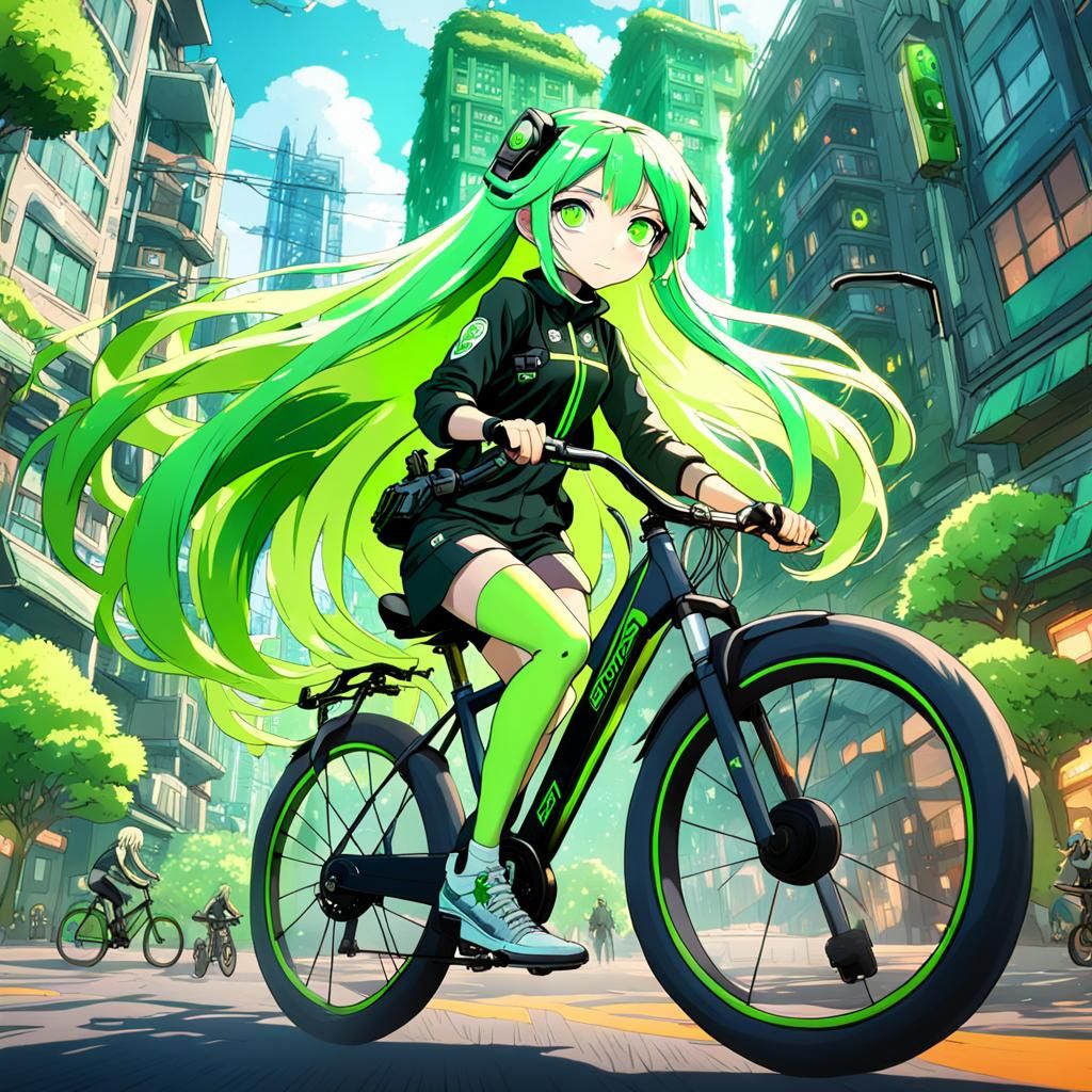 Anime Girl Rides Bike Through Biophilic City