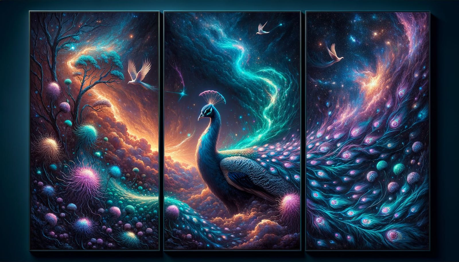 Surrealistic Digital Painting of a Peacock's Cosmic Transfor...