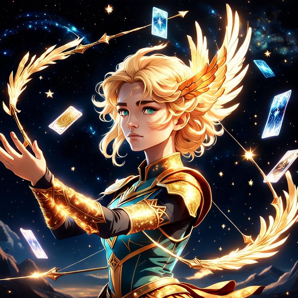Phoenix Archer with Tarot Cards in Anime Style