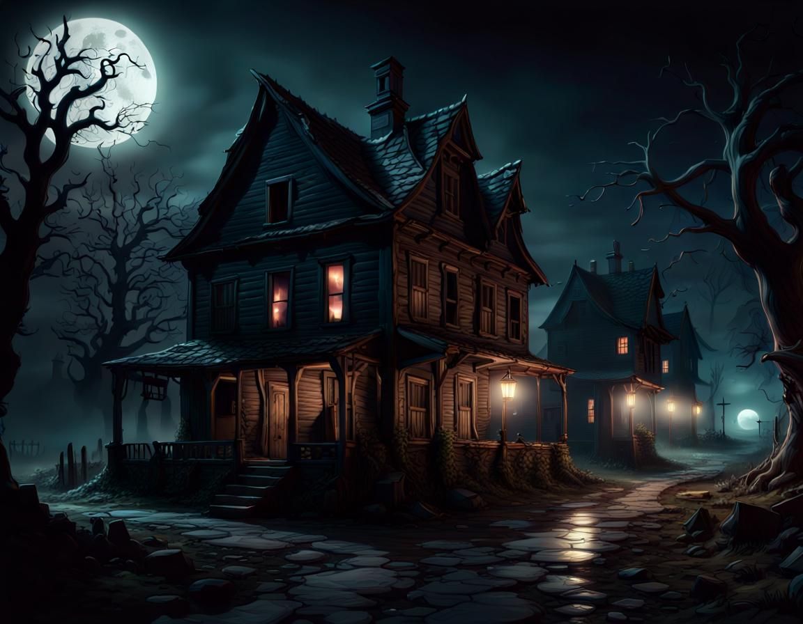 Eerie Haunted Village at Night in Dark Fantasy Art