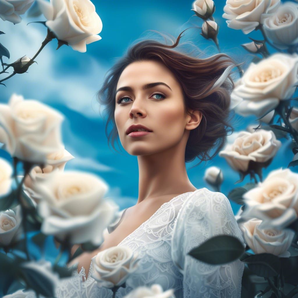 Beautiful Woman Among Roses in Photo-Realistic Style