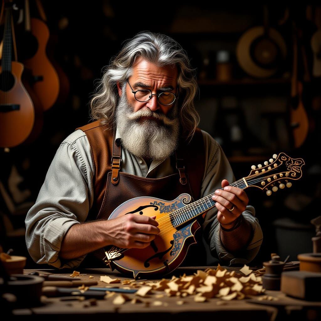Intricate Mandolins: Old Instrument Maker in Rembrandt Style