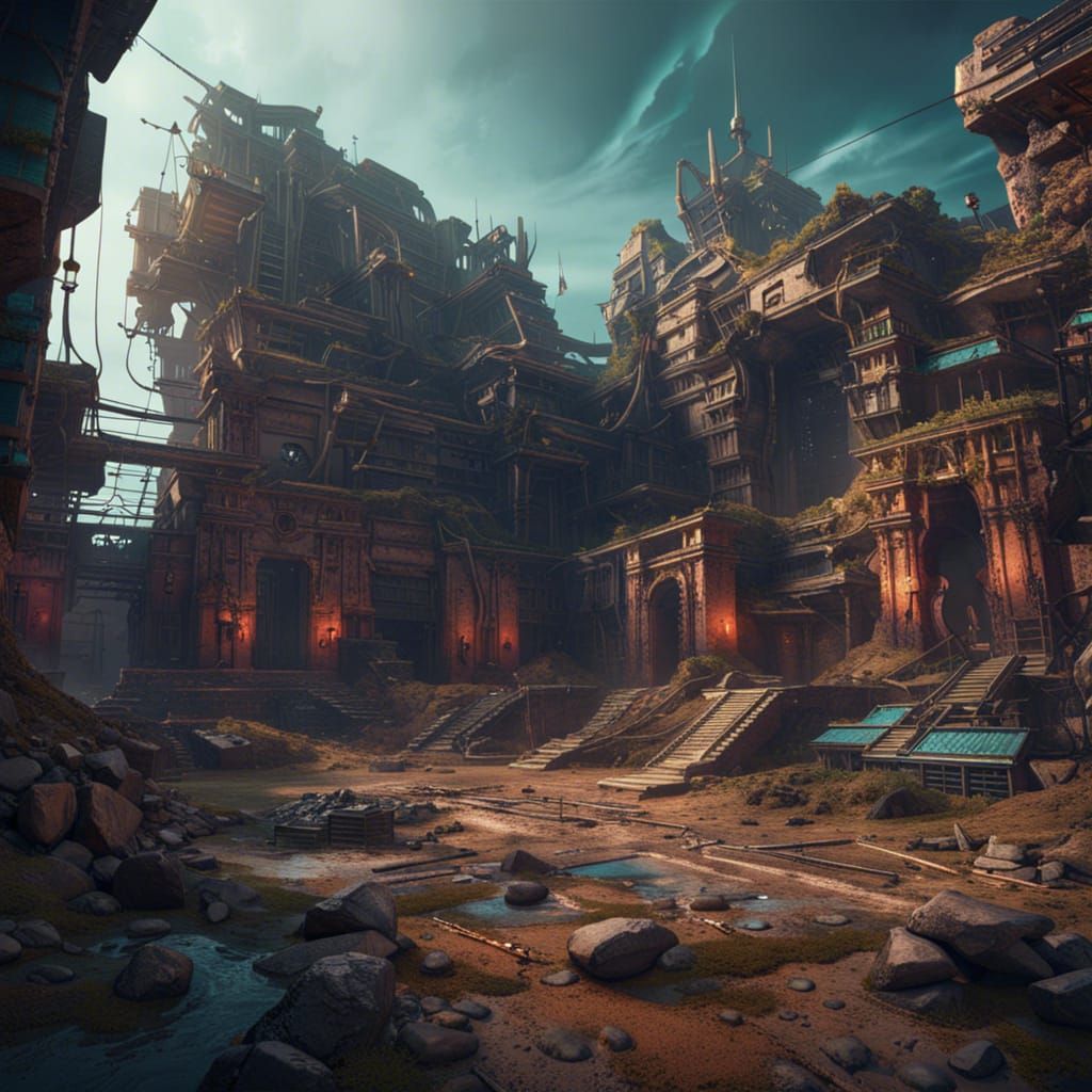 Cyberpunk Fantasy Archaeological Dig Site: 80s Matte Paintin...