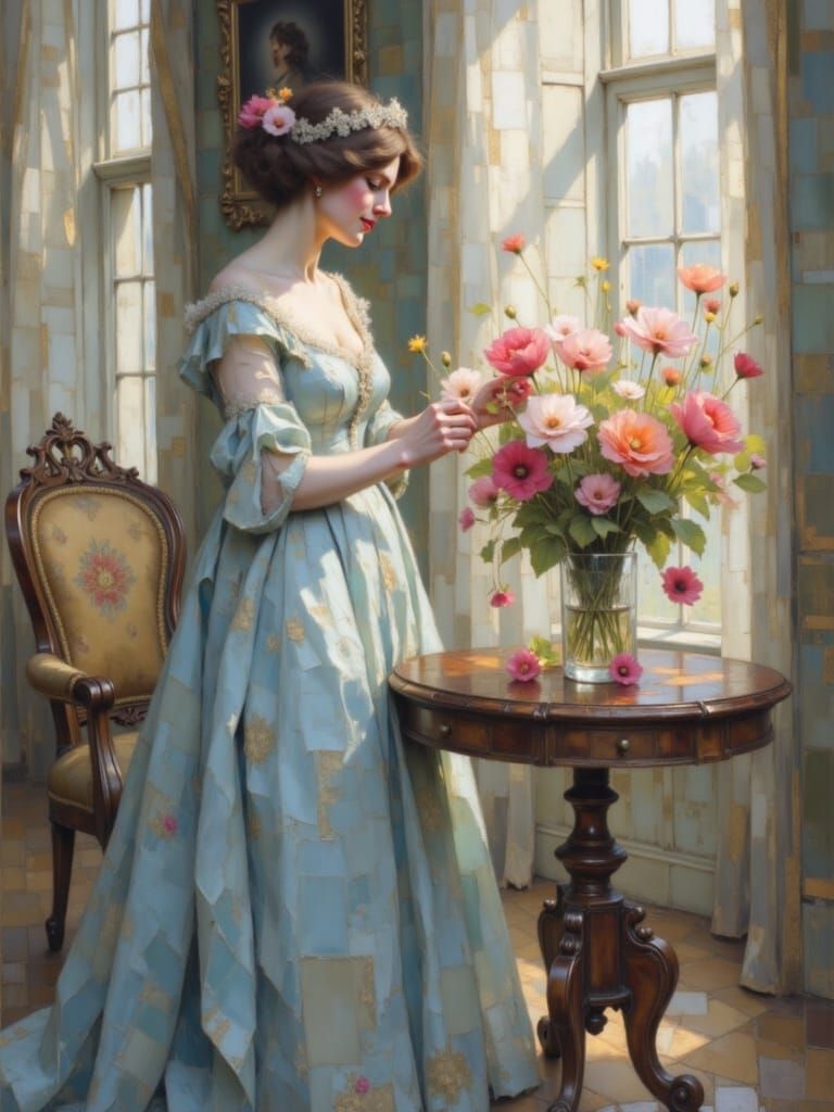 Regency Woman Arranges Flowers in Sunlit Drawing Room