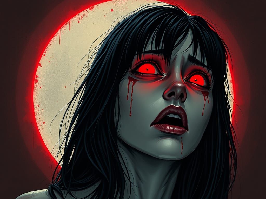 Terrified Woman with Bleeding Halo in Junji Ito Style