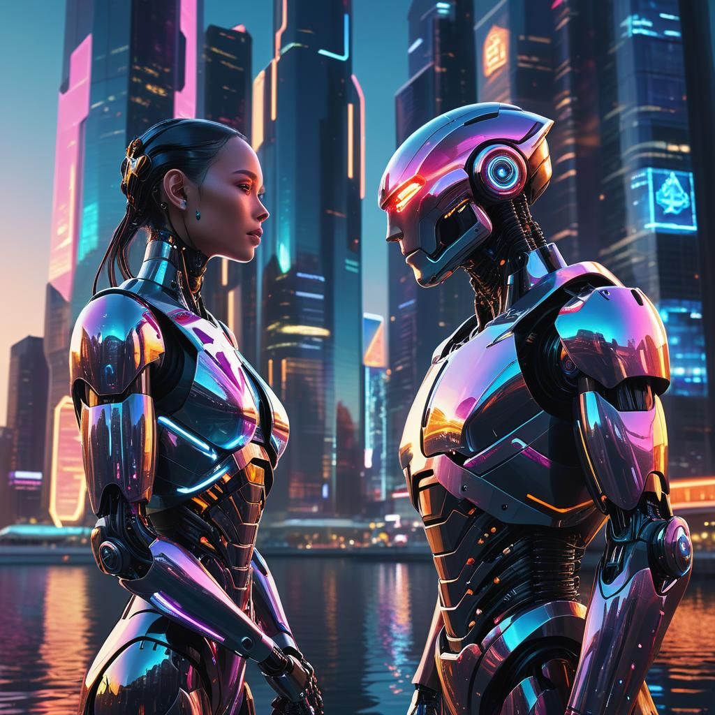 Futuristic Cityscape with Robot in Neon Lights
