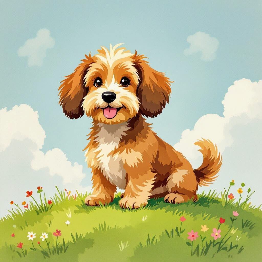 Cute Sausage Dog on Grassy Hill in Watercolor Style