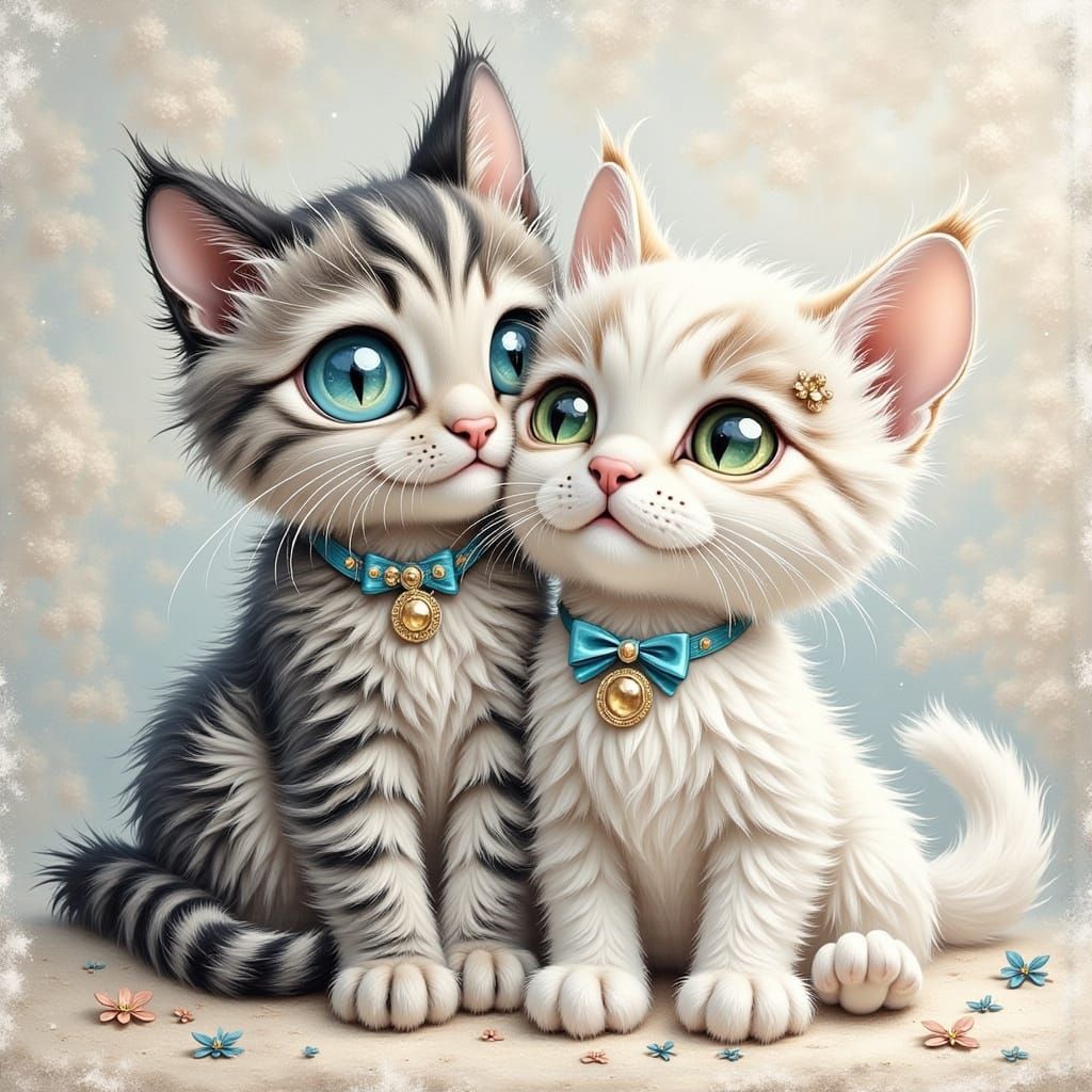 Two Fluffy Cats Cuddling in Cartoon Style