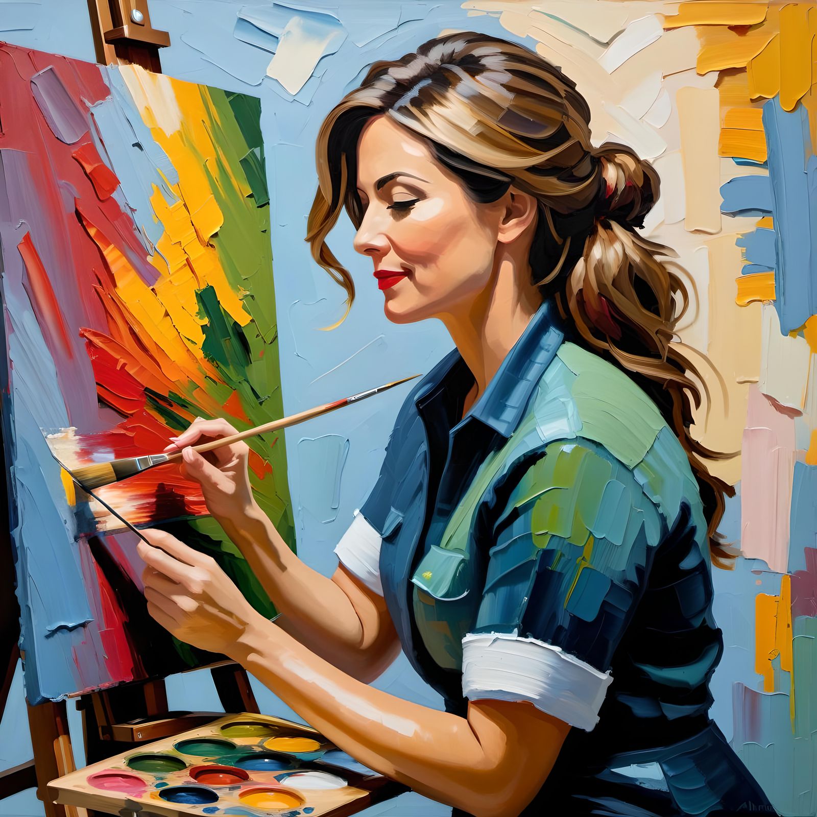 Cheerful Painter Creating Impasto Artwork