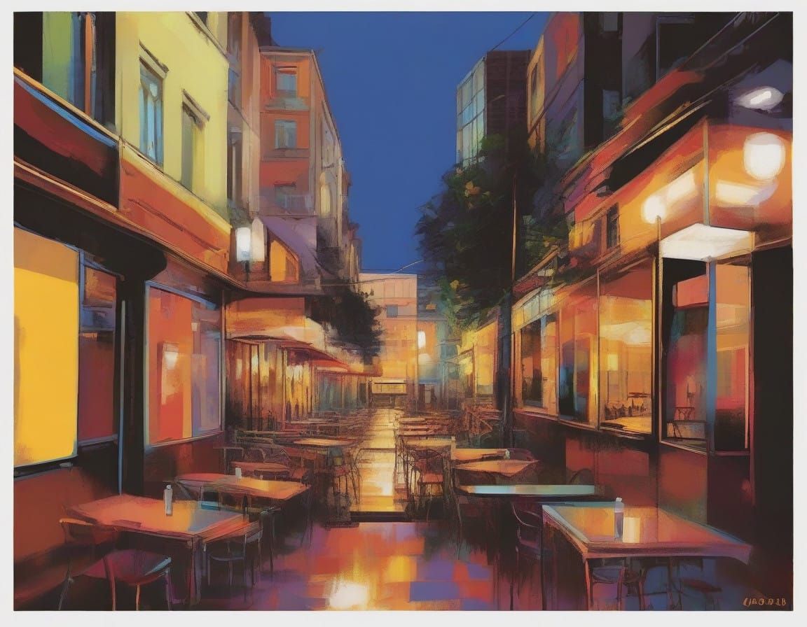 Nighttime Cafe Scene in Triadic Color Oil Painting Style