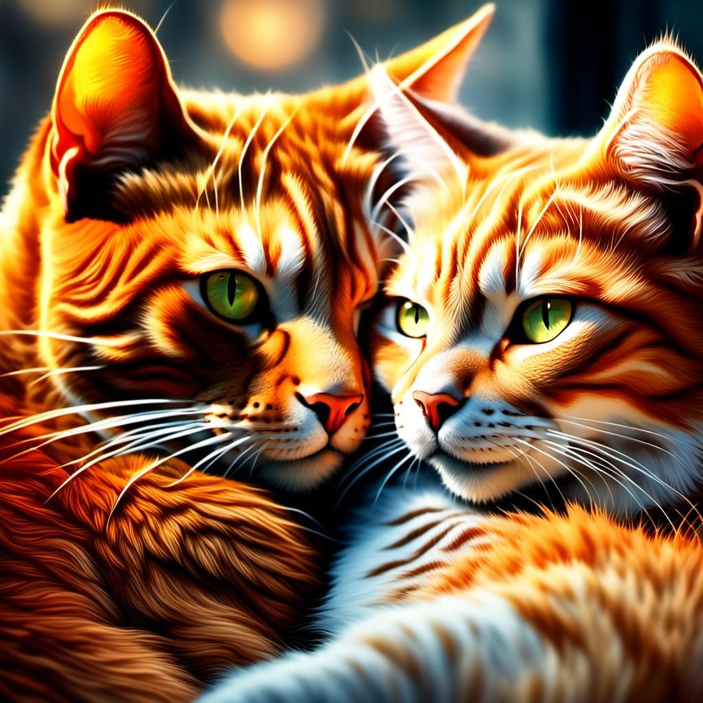 Hyperrealistic Cats Cuddling in Warm Light