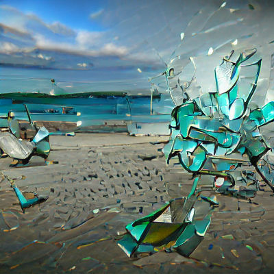 Broken Glass on Teal Beach: 3D Render