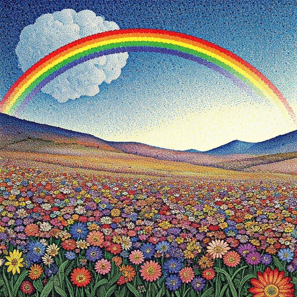 Pointillism Ink Drawing of Rainbow Over Flowers