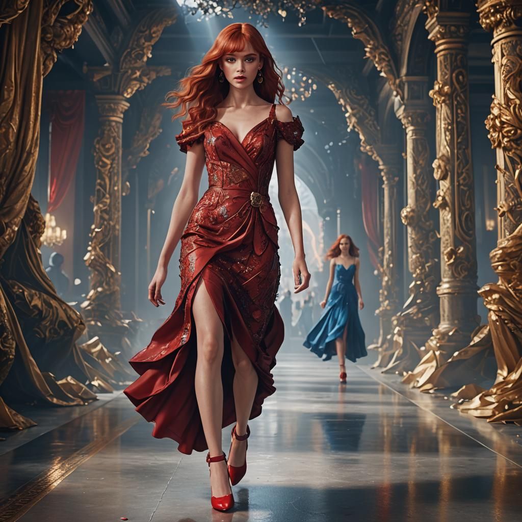 Model in Red Dress on Runway, Fantasy Art