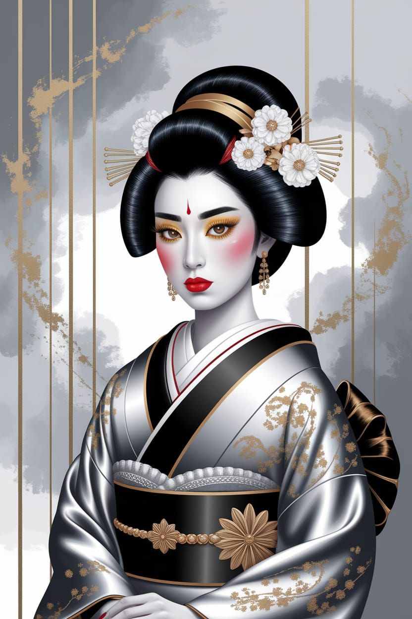 Ukiyo-e Style Geisha Portrait with Floral Hairpieces