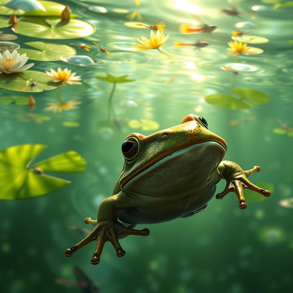 Frog Swimming in Pond with Sunlight Reflection