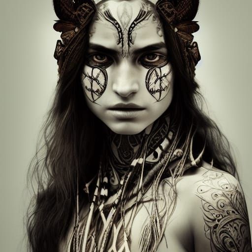 Detailed Portrait of Young Shaman with Tattoos