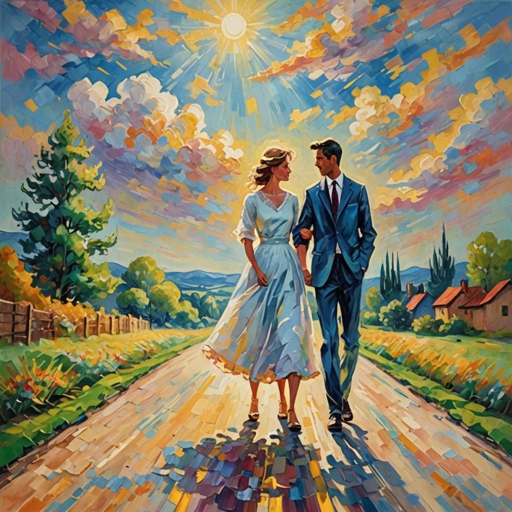 Radiant Couple Walking in Neo-Impressionist Style