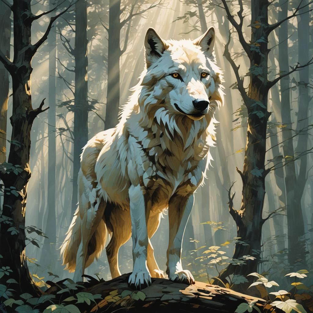 Giant White Wolf in Enchanted Forest