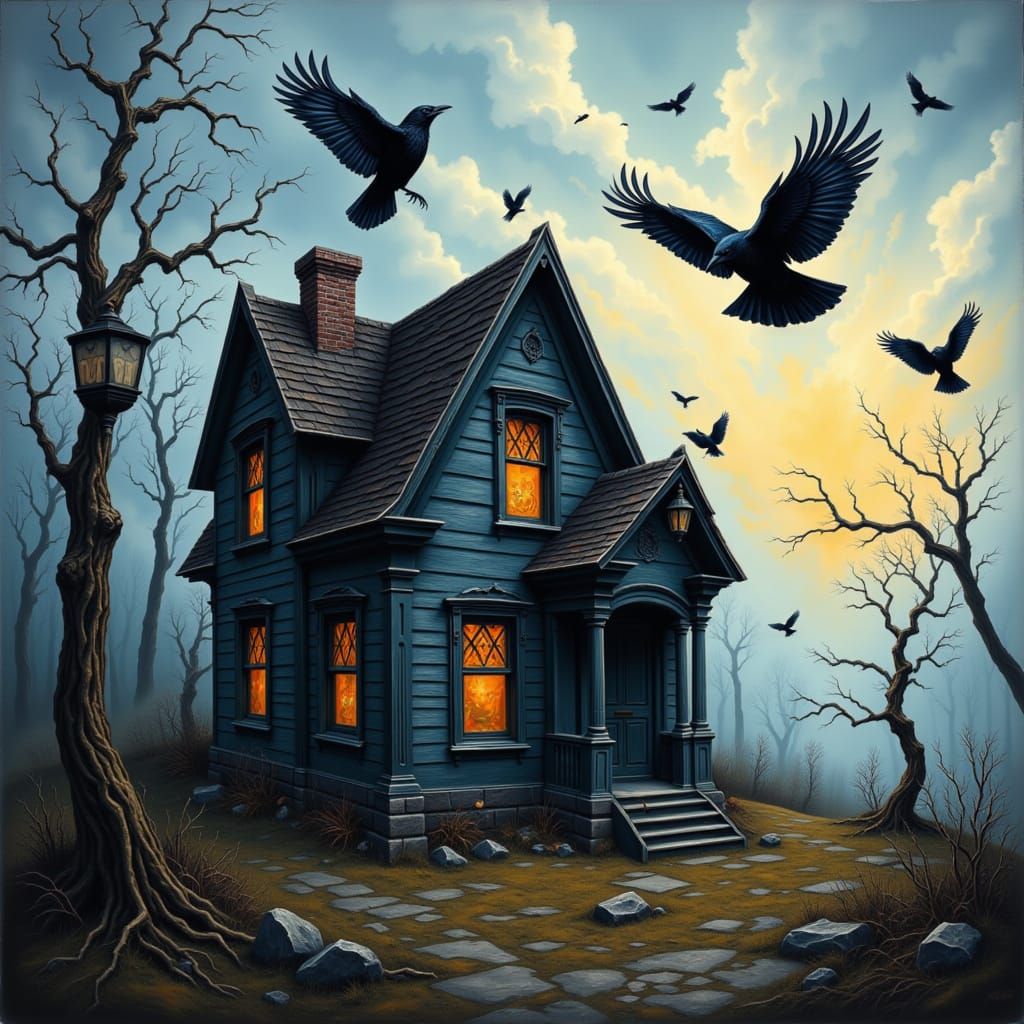 Ravens Gather Around an Eerie Old House