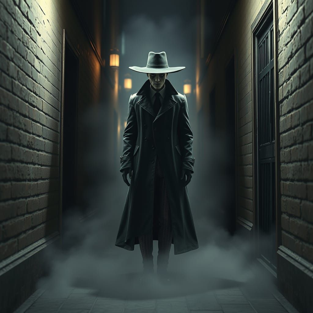 Mysterious Figure Emerges from Fog in Victorian Alleyway
