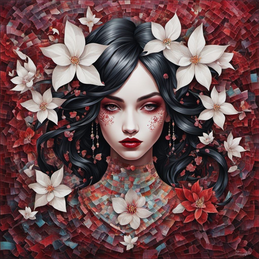 Abstract Crimson Jasmine in Surreal Mosaic Style