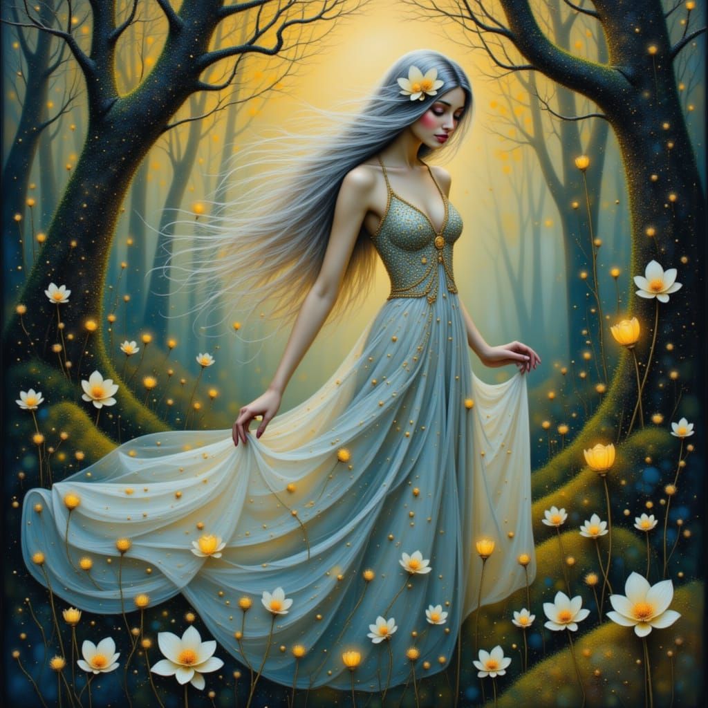 Ethereal Woman with Orchids in Mystical Forest