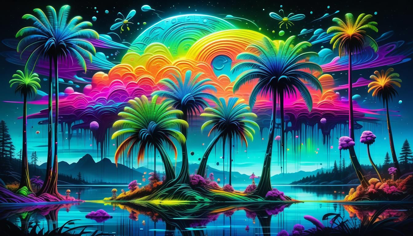 Bioluminescent Palms in Neon Alien Forest