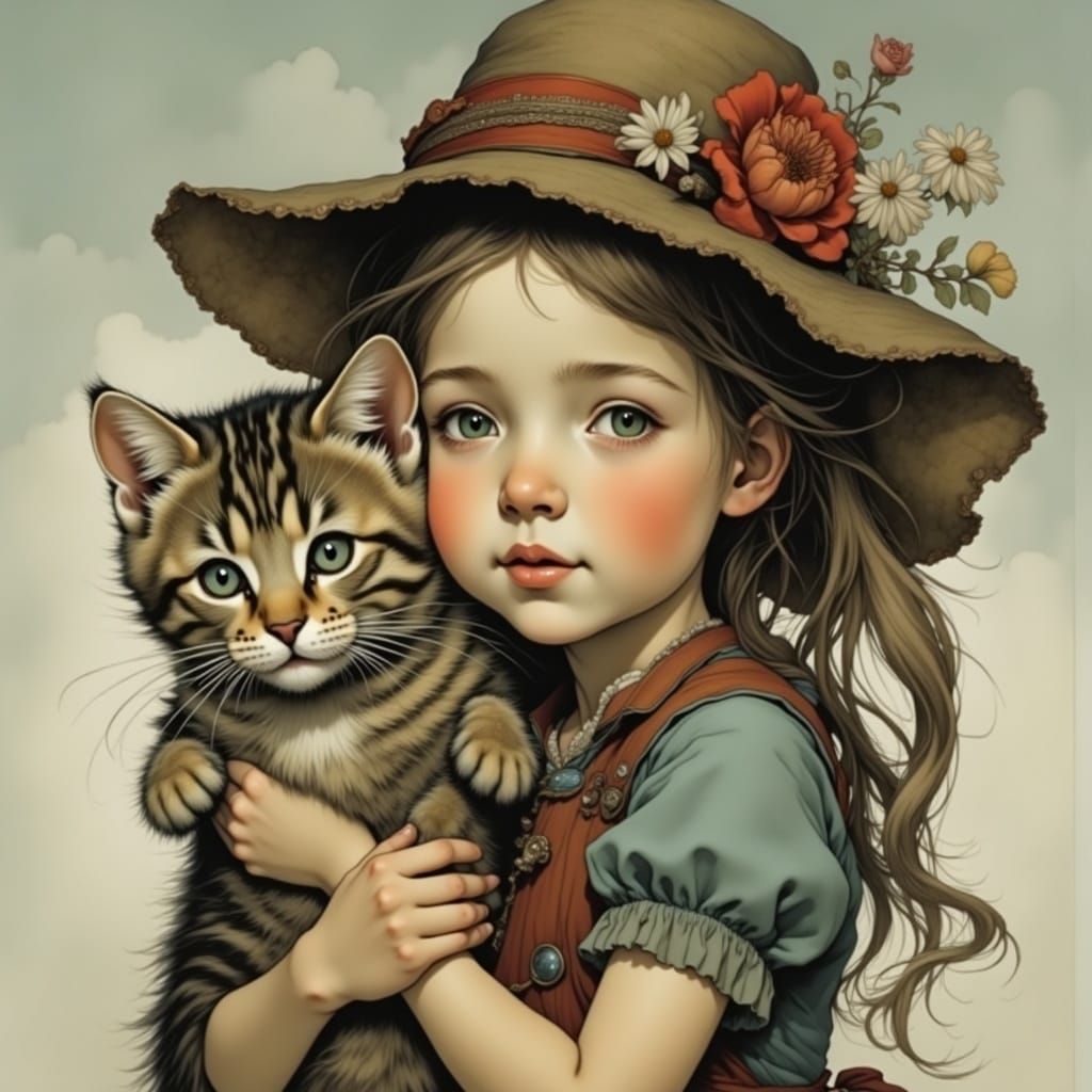 Cute Girl and Adorable Cat in Whimsical Portrait