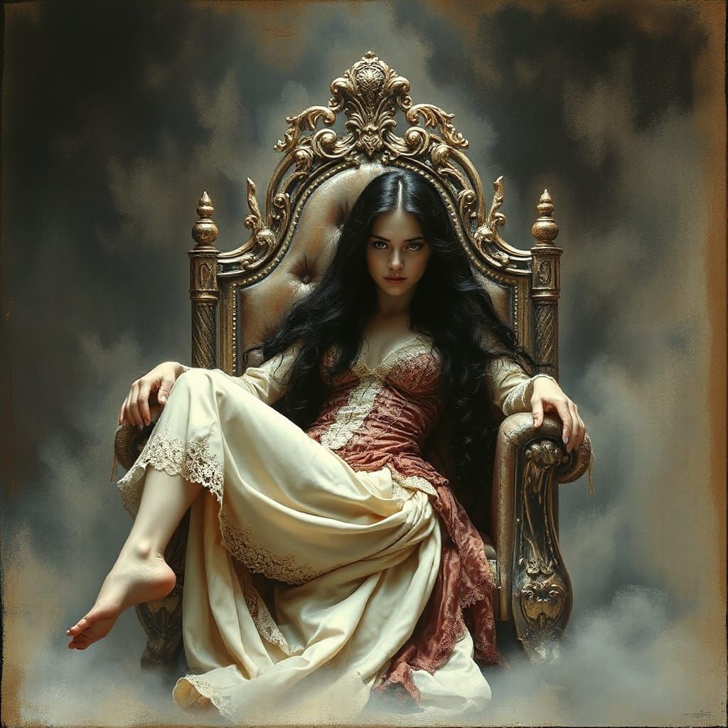 Siren Princess in Tattered Velvet, Haloed in Soft Luminescen...