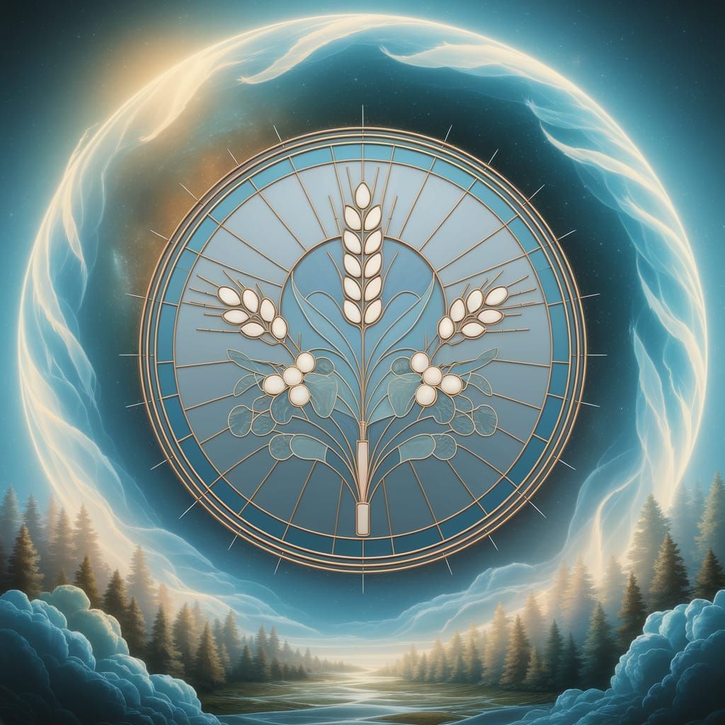 Eucharistic wheat and grapes stylized in stained glass circle,