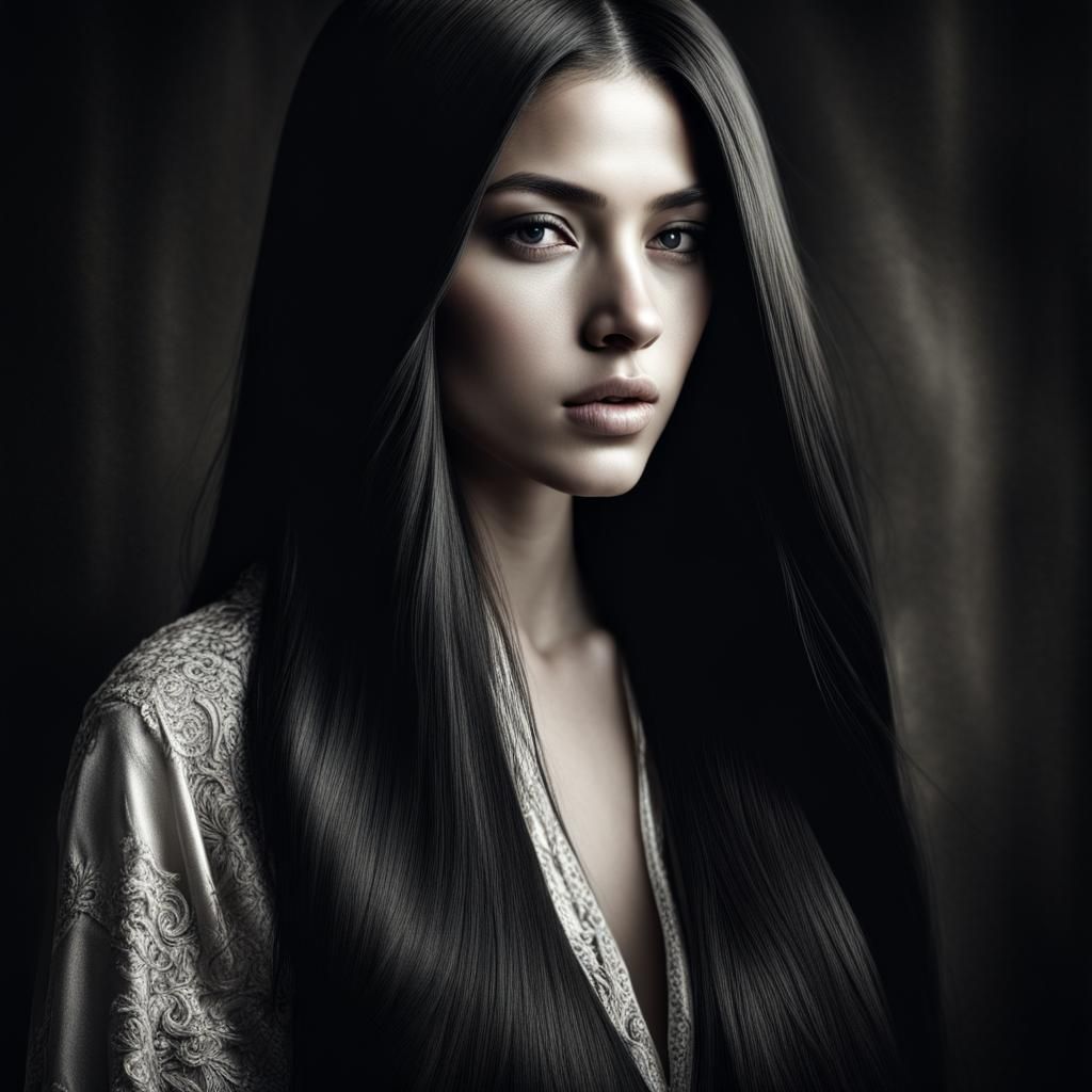Hyperrealistic Portrait of Woman with Long Black Hair