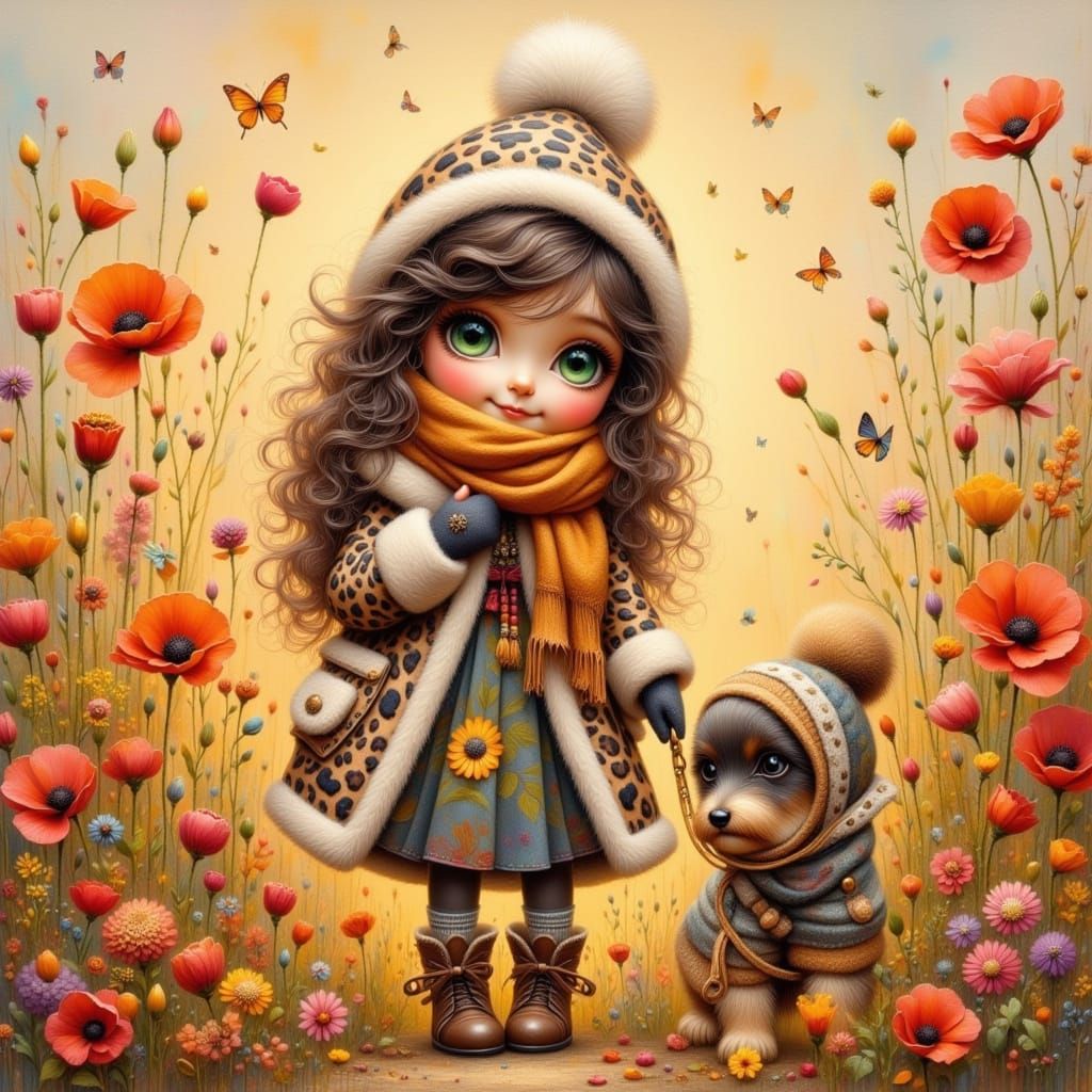 Whimsical Girl Walks Puppy in Oil Paint Fantasy