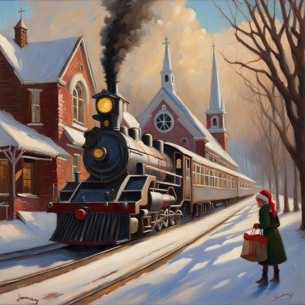 Christmas Train Arriving: Oil Painting Scene